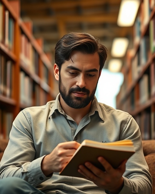 attentive adult learner, focused expression, writing notes, photorealistic, library with rows of books and soft seating, highly detailed, ambient noise of turning pages, f/4, 50mm lens, warm tones, overhead lighting, shot with a Nikon 35mm f/1.8G lens.