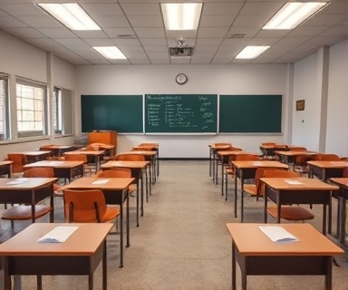 empty test classroom, serene, awaiting students, photorealistic, rows of desks and a blackboard, highly detailed, scattered papers on desk surfaces, high dynamic range, neutral tones, overhead fluorescent light, shot with a 24mm lens.