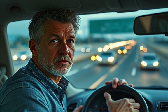 driving safety expert, calm expression, explaining defensive driving, photorealistic, highway with multiple lanes and traffic, highly detailed, cars moving at speed, 24mm lens, neutral tones, evening lighting with headlights, shot with a prime lens.