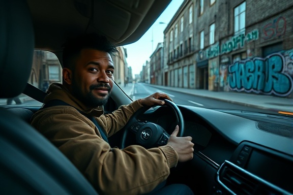Skilled driver, calm expression, precisely parking in a tight spot, photorealistic, urban street with graffiti walls, highly detailed, tire marks on asphalt, ISO 200, cool colors, twilight lighting, shot with a 35mm wide-angle lens.