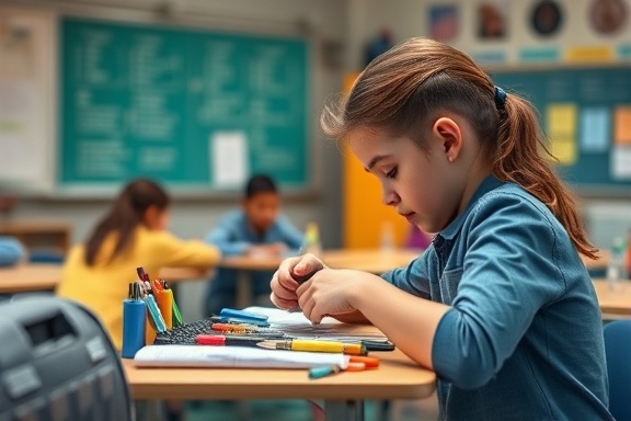 organized lesson kit, focused, arranging items in kit, photorealistic, classroom environment with bright boards, highly detailed, subtle ambient noise of students, vibrant tones, diffused lighting, shot with a macro lens.