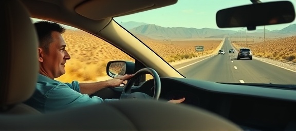 Meticulous driver, relaxed expression, effortlessly overtaking on a freeway, photorealistic, desert landscape with cacti, highly detailed, heat haze in the distance, ISO 400, earthy tones, afternoon lighting, shot with a 70-200mm lens.