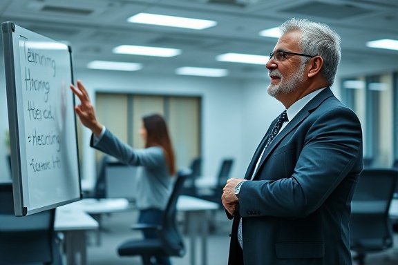 enthusiastic team trainer, instructive expression, gesturing towards a board, photorealistic, corporate office with ergonomic chairs and conference tables, highly detailed, presentation in progress, f/2.8, 85mm lens, cool tones, fluorescent lighting, shot with a Sony FE 85mm f/1.4 GM lens.