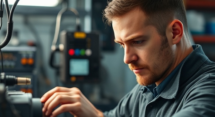 focused engineer, concentrated expression, using equipment, photorealistic, tech workshop with various gadgets and components, highly detailed, machinery humming, f/3.5, 35mm lens, neutral tones, LED strip lighting, shot with a Fujifilm XF 56mm f/1.2 R lens.