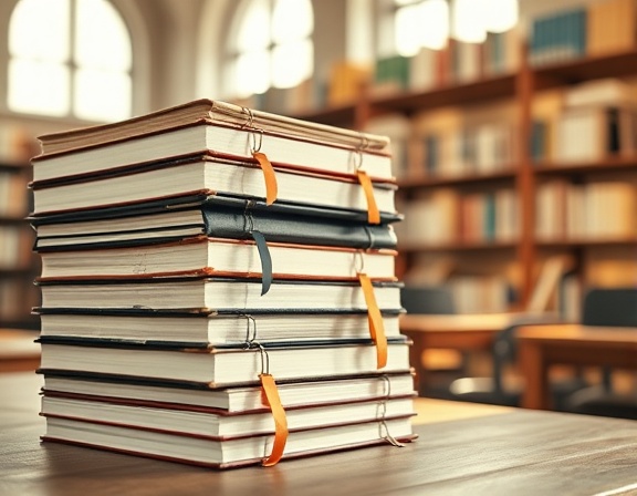 stacked test books, determined, reaching for the top, photorealistic, on a wooden desk in a sunlight-dappled library, highly detailed, pages slightly open with bookmarks, depth of field, warm sepia, natural sunlight, shot with an 85mm lens.