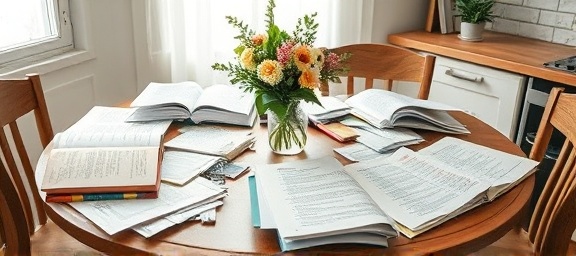 sprawling test materials, chaotic, being quickly gathered, photorealistic, on a round kitchen table with a vase of fresh flowers, highly detailed, crumpled paper and open textbooks, crisp focus, natural earth tones, morning light filtering through, shot with a 50mm lens.