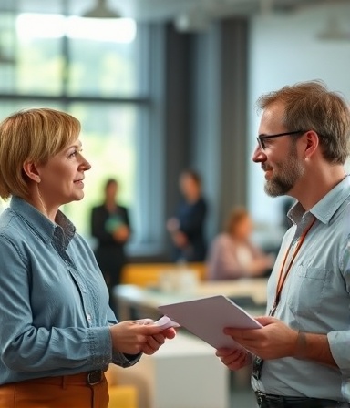 versatile lesson deal, eager, discussing with colleague, photorealistic, open-plan coworking space, highly detailed, faint chatter in the background, pastel colors, ambient lighting, shot with a 24mm lens.