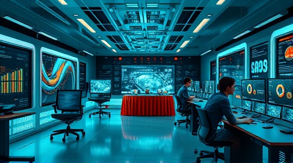 virtual simulation software, visionary, developing virtual training modules, photorealistic, tech company’s innovation center with VR stations and concept drawings, highly detailed, futuristic HUD designs, cinematic resolution, teal and orange, diffused lighting, shot with a tilt-shift lens.