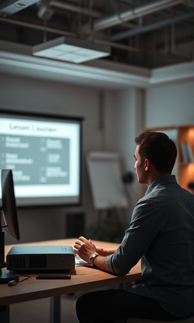 concise lesson set, inspired, preparing for presentation, photorealistic, modern office with a projector, highly detailed, gentle hum of technology, monochromatic theme, spotlight effect, shot with a 35mm lens.