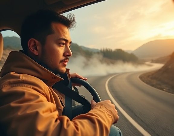 driving skills enthusiast, focused expression, mastering drift technique, photorealistic, empty mountain road with sweeping curves, highly detailed, smoke from tires, 50mm lens, natural tones, golden hour lighting, shot with a fisheye lens.