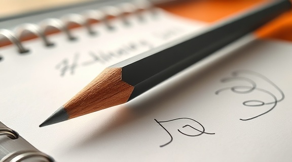 sharp test pencil, poised, ready to write, photorealistic, on a spiral-bound notebook with scribbles, highly detailed, wood grain and graphite visible, extreme close-up, vivid orange and grey, diffused window light, shot with a macro lens.