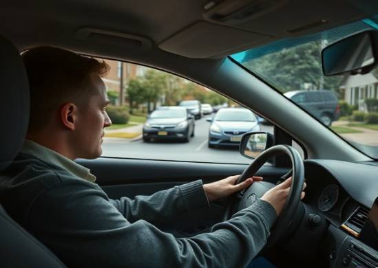 careful driving student, focusing intently, practicing parallel parking, photorealistic, suburban neighborhood with parked cars and trees, highly detailed, other cars passing by, natural earthy tones, overcast lighting, shot with a 35mm lens.