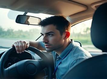 nervous driving learner, glancing around, adjusting mirrors, photorealistic, inside a compact vehicle interior, highly detailed, dashboard reflecting sunlight, cool tones, soft indoor lighting, shot with a 24mm lens.