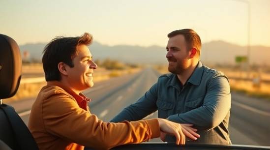 enthusiastic driving school student, smiling, receiving feedback from instructor, photorealistic, open empty road with distant mountains, highly detailed, road signs and markers visible, warm colors, golden hour lighting, shot with a 70mm lens.