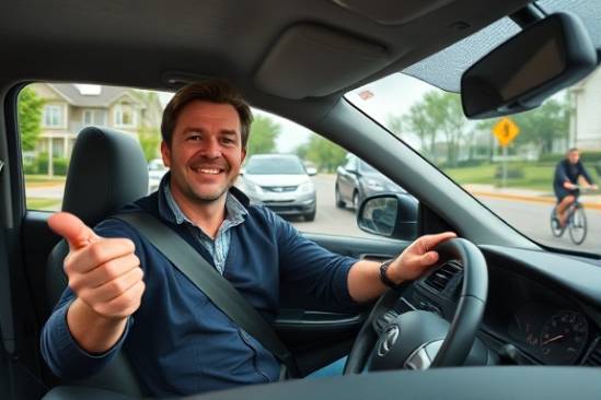 confident driving instructor, reassuring smile, pointing out road signs, photorealistic, suburban neighborhood with parked cars, highly detailed, passing bicyclist, vibrant colors, soft overcast lighting, shot with a 35mm lens.