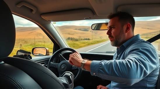 experienced driving instructor, attentive look, demonstrating hand over hand steering, photorealistic, countryside road with rolling hills, highly detailed, moving clouds in the sky, rich contrasts, direct sunlight, shot with a 24mm lens.