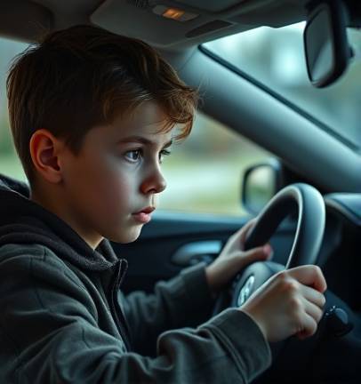 young driving learner, anxious face, studying the dashboard controls, photorealistic, car interior with digital interface, highly detailed, dashboard reflections, muted tones, ambient lighting, shot with a 100mm lens.