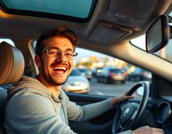 excited driving learner, cheerful smile, taking a driving test, photorealistic, DMV office parking lot with other cars and examiners, highly detailed, distant cityscape, vivid colors, morning light, shot with a 50mm lens.
