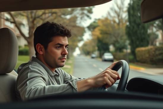 determined driving learner, furrowed brow, executing a parallel park, photorealistic, residential street lined with trees and hedges, highly detailed, gentle breeze moving branches, cool hues, low-angle lighting, shot with a 24mm lens.