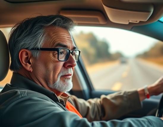 seasoned driving instructor, focused expression, adjusting the mirrors for a student, photorealistic, car interior with visible road through the windshield, highly detailed, clear glass reflections, warm neutrals, soft interior lighting, shot with a 70mm lens.