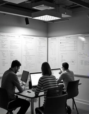 advanced software development platform, team working, coding and collaborating, photorealistic, open-plan tech workspace with whiteboards covered in code, highly detailed, interactive flowcharts, full HD, grayscale, harsh overhead lights, shot with a standard lens.