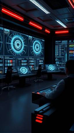 cutting-edge simulation technology, adaptive, predicting outcomes, photorealistic, futuristic control room with digital panels and AI interfaces, highly detailed, real-time simulation projections, 8K resolution, monochrome with red highlights, dramatic underlighting, shot with a telephoto lens.